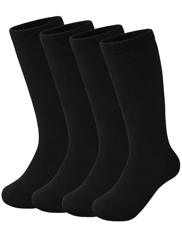 Kids Soccer Socks - Cotton Toddler Knee High Socks for 3-6 Years - Solid Black