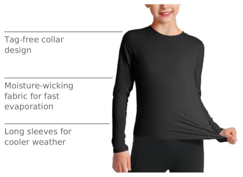 HASMES Girls Long Sleeve Quick Dry Athletic Shirt - 8-9 Years, Black