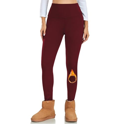 High Waist Thermal Leggings for Women - Fleece Lined, XX-Large Wine Red