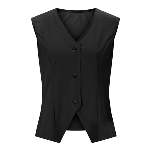 Women's V Neck Sleeveless Button Down Vest - Black, X-Large