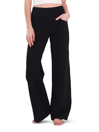Houmous Wide Leg Cotton Yoga Pants for Women, High Waist, Pockets, 28" Inseam, X-Large, Black