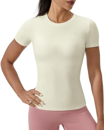 Slim Fitted Workout Tops for Women - Compression Tee - Almond White, XX-Large