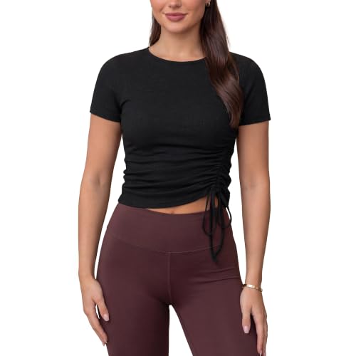 Yoga Tops for Women Long & Short Sleeve Ruched Side Drawstring X-Large Black