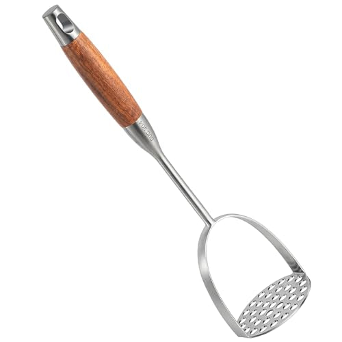 Tuyotue Heavy Duty Stainless Steel Potato Masher with Brown Wooden Handle, Professional Veggie & Meat Mincer