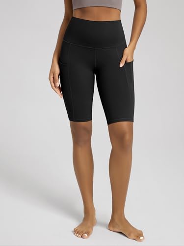 High Waist Tummy Control Biker Shorts with Pockets - 10" Inseam, X-Large, Black