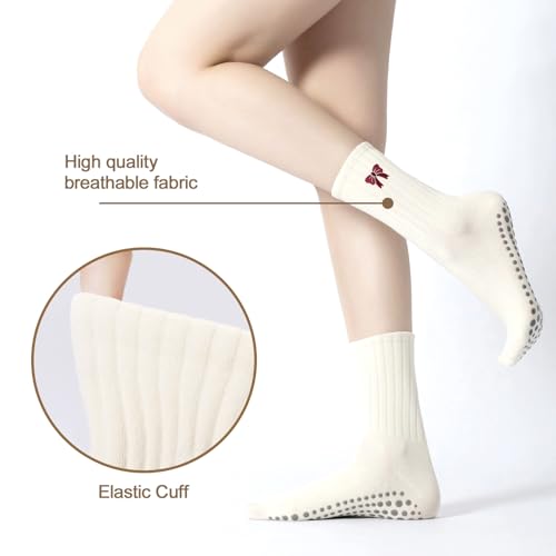 Women's Pilates Grip Socks, Ruffle Non Slip Bow Pattern Yoga Socks