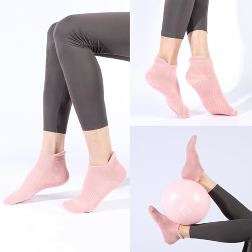 Non-Slip Pilates Socks with Grips - Cotton Yoga Barre Socks - Grey/Black/Pink