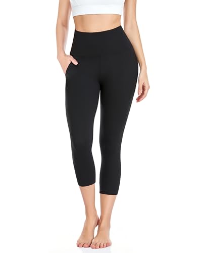 High Waisted Capri Leggings for Women - Tummy Control, Pockets - Black, Small-Medium