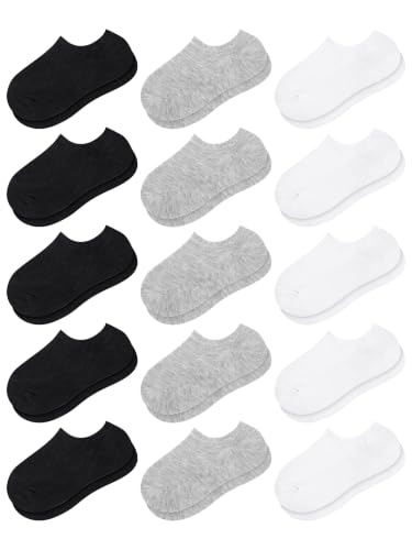 Cooraby 15 Pairs Kids No-Show Socks Anti-Slip Low Cut Athletic Socks 2-4 Years Black White Gray