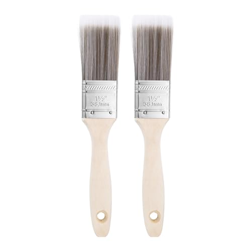 HARFINGTON 2pcs Paint Brushes 1.5" Flat Paint and Chip Brushes with Wooden Handle for DIY Paint Flat Art Furniture Fences Deck Wall Trim, Brown