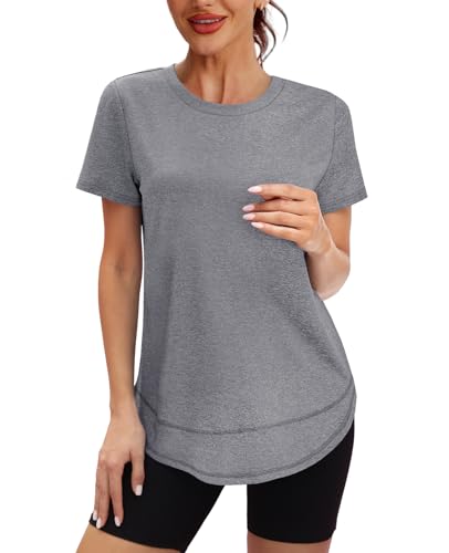 Womens Short Sleeve Workout Top - Sun Protection UPF 50+ - Grey, Large