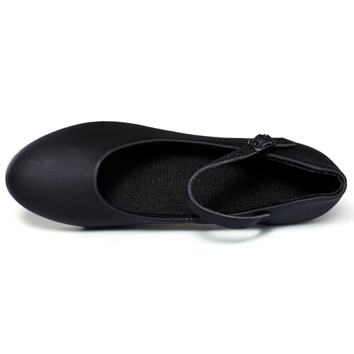 Linodes PU Leather Ankle Strap Character Tap Shoes 1.55'' for Women - Black, Size 6