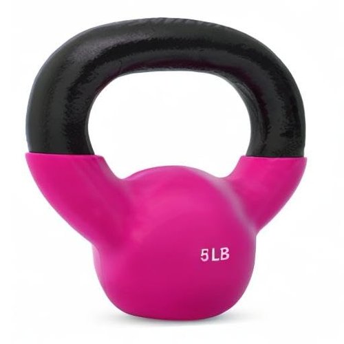 JFIT Vinyl-Coated Cast Iron Kettlebell Weight – Flat Bottom Kettlebell for Strength Training, Cross Training & Home Gym Workouts, 5LB-Hot Pink