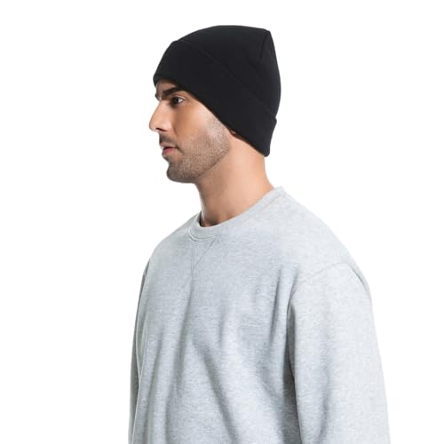 Warm Windproof Black Cuffed Beanie - Thick Knitted Skull Cap