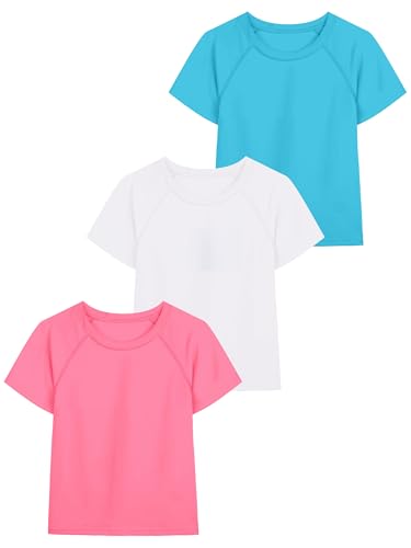 Girls UPF 50+ Sun Protective Rash Guard Swim Shirt - 3T, White/Pink/Sky Blue