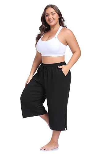 ZERDOCEAN Women's Plus Size Black Wide Leg Capri Pants - Loose Yoga Lounge with Pockets, 4X