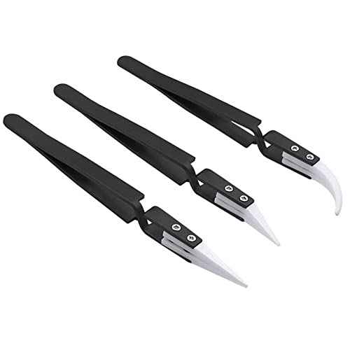3pcs Stainless Steel Anti-Static Ceramic Solder Tweezers Non-Conductive, Highly Heat Resistant, Anti-Magnetic Straight Curved Tips Precision Tweezers for Electronic Soldering Tool