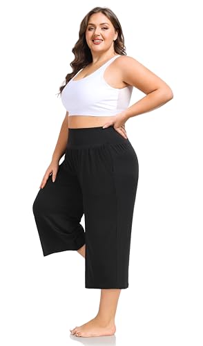 ZERDOCEAN Women's Plus Size High Waist Wide Leg Yoga Capris with Pockets - Black 3X