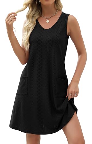 elescat Large Black Summer Women's Eyelet Swimsuit Coverup Dress with Pockets