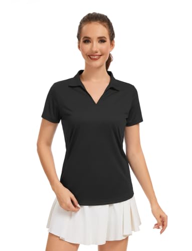 Quick Dry Women's Polo Shirt - Short Sleeve, UPF 50+, Large Black