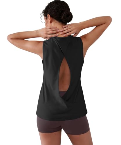 YIPINK Women's Cross Backless Sleeveless Workout Top, Medium, Black
