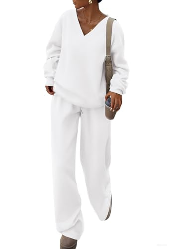 PRETTYGARDEN Women's 2-Piece Fall Sweatsuit Outfit Set - Medium White