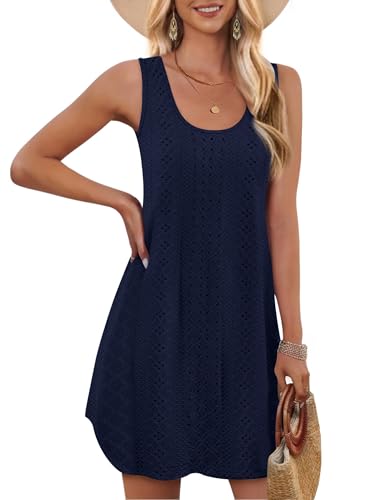 Womens Swimsuit Coverup - Hollow Out Sleeveless Tank Dress - Navy Blue, Small