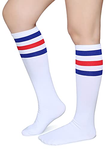 Soft Cotton Knee High Tube Socks - Blue/Red/White - One Size