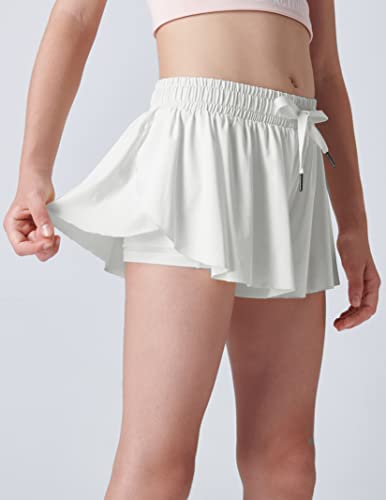 Flowy Athletic Butterfly Shorts for Girls - 2-in-1 with Pockets, Large, Pink/White/Black
