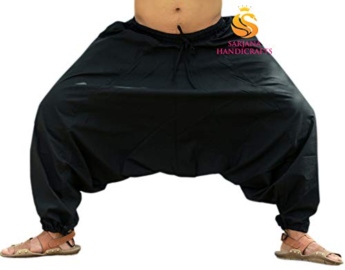SARJANA Men's Cotton Harem Yoga Baggy Genie Boho Pants Free Size Black 1
