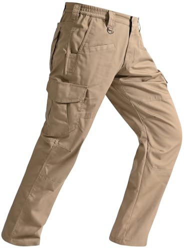 Mens Tactical Cargo Pants Ripstop Water-Resistant Breathable Work & Hiking Pants, Dark Khaki, 34W x 32L