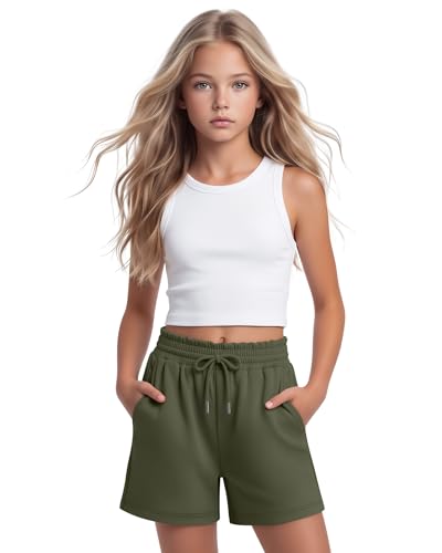 Girls' Drawstring Shorts with Pockets - Army Green, 9-10 Years