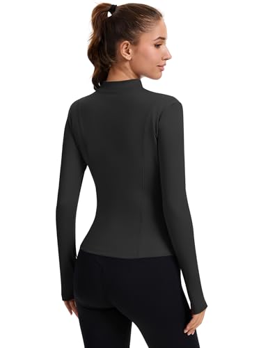 Slim Fit Women's Full Zip Workout Jacket with Thumb Holes - Black, Medium