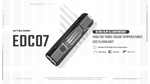 Nitecore EDC07 Flat Rechargeable LED Flashlight - 1500 Lumens, IP67 Waterproof, Black, Compact Everyday Carry