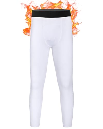 Boys Thermal Pants - Kids Football Fleece Lined Leggings - Large, White