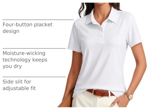 PINSPARK Women's White Golf Shirt Large UPF 50+ Quick Dry Collared Polo