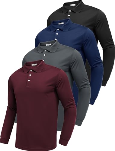 PINSPARK Men's Long Sleeve Golf Polo Shirts 4-Pack Moisture Wicking Quick Dry XL Black Navy Grey Red
