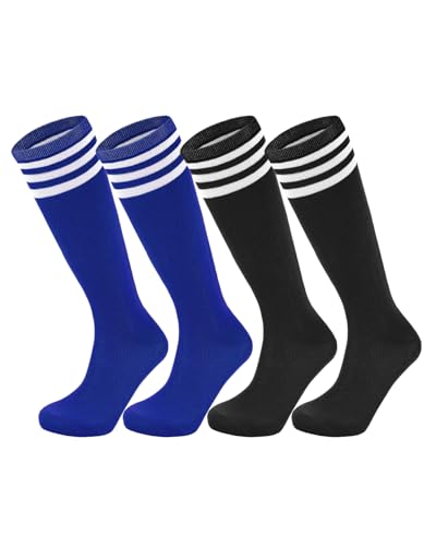 Youth Soccer Socks - Knee High, Breathable for Kids 6-9 Years - Blue White & Black White