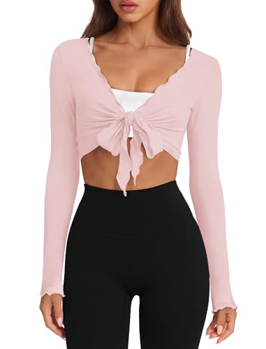NIASHOT Women's Long Sleeve Pilates Workout Wrap Top - Pink, Medium