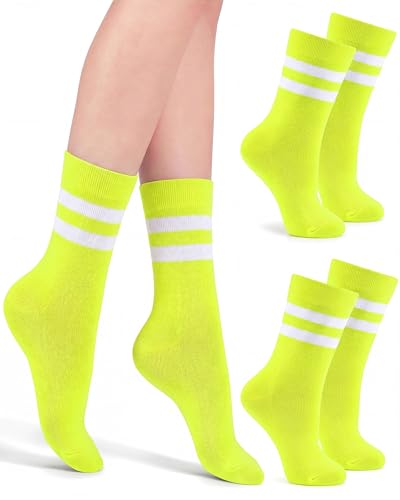 Unisex Athletic Crew Stripe Socks - Fluorescent Yellow & White (2 Pairs)
