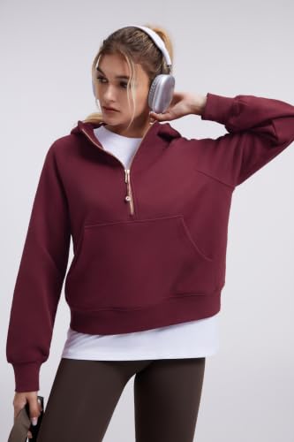 SUUKSESS Women's Gold Half Zip Cotton Hoodie - Casual Pullover Sweatshirt, Medium/Wine Red