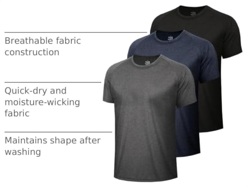 BOOJO Men's Workout T-Shirts 3 Pack - Quick Dry, Moisture Wicking, Sizes S-6XL, Heather Black, Grey, Navy