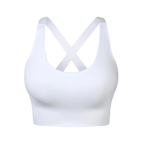 Large White Women's Unpadded Sports Bra - Medium Support, Criss Cross Back, Strappy Workout Top