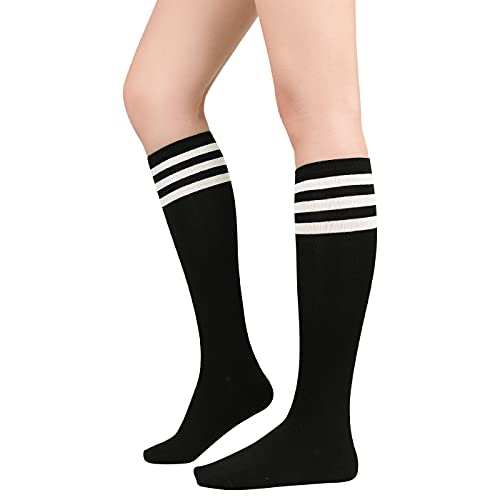 Knee High Socks for Women - Striped Athletic Tube Socks - One Size / Black White