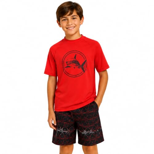Boys 2-Piece Rash Guard Swim Set - Short Sleeve & Trunks - Red/Black Shark