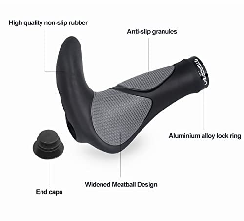 Ergonomic Bike Grips - Widen Rubber Grips with Aluminum Lock - Big Horn Shape (Black & Grey)