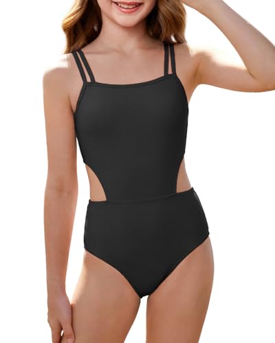 One Piece Swimsuit for Teens - Cut Out Crossback - Black, 12-13 Years