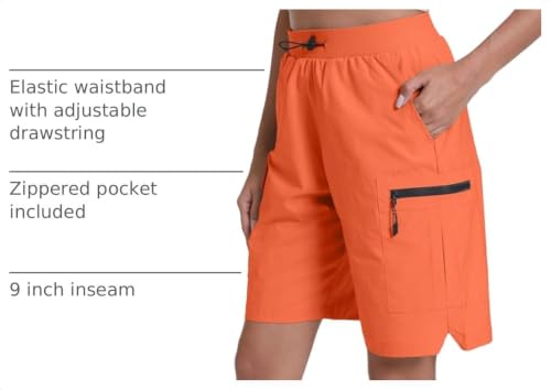 Rrosseyz Women's Hiking Cargo Shorts with Pockets, Quick Dry, 9" Inseam, Large, Orange