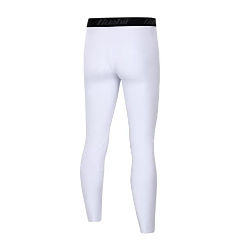 Boys Compression Leggings - Youth Athletic Tights, Medium/White