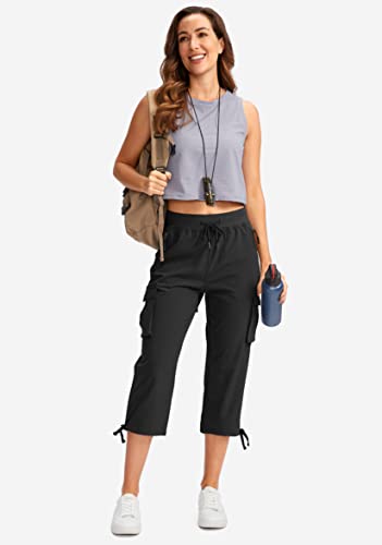 Lightweight Women's Cargo Capris Pants - 6 Pockets, Quick Dry, Large Black